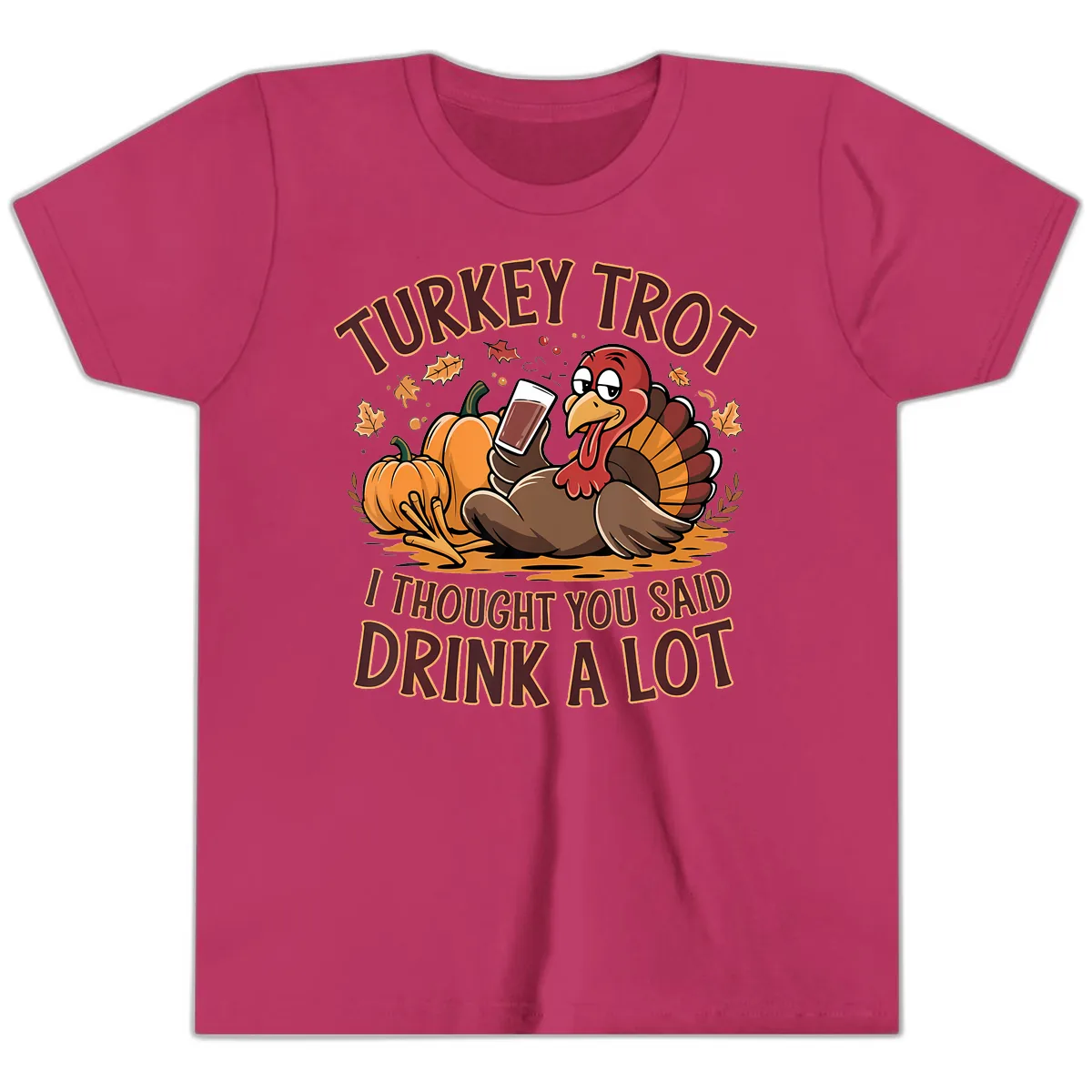 Turkey Trot Drink A Lot Thanksgiving Graphic Youth T-Shirt in Berry