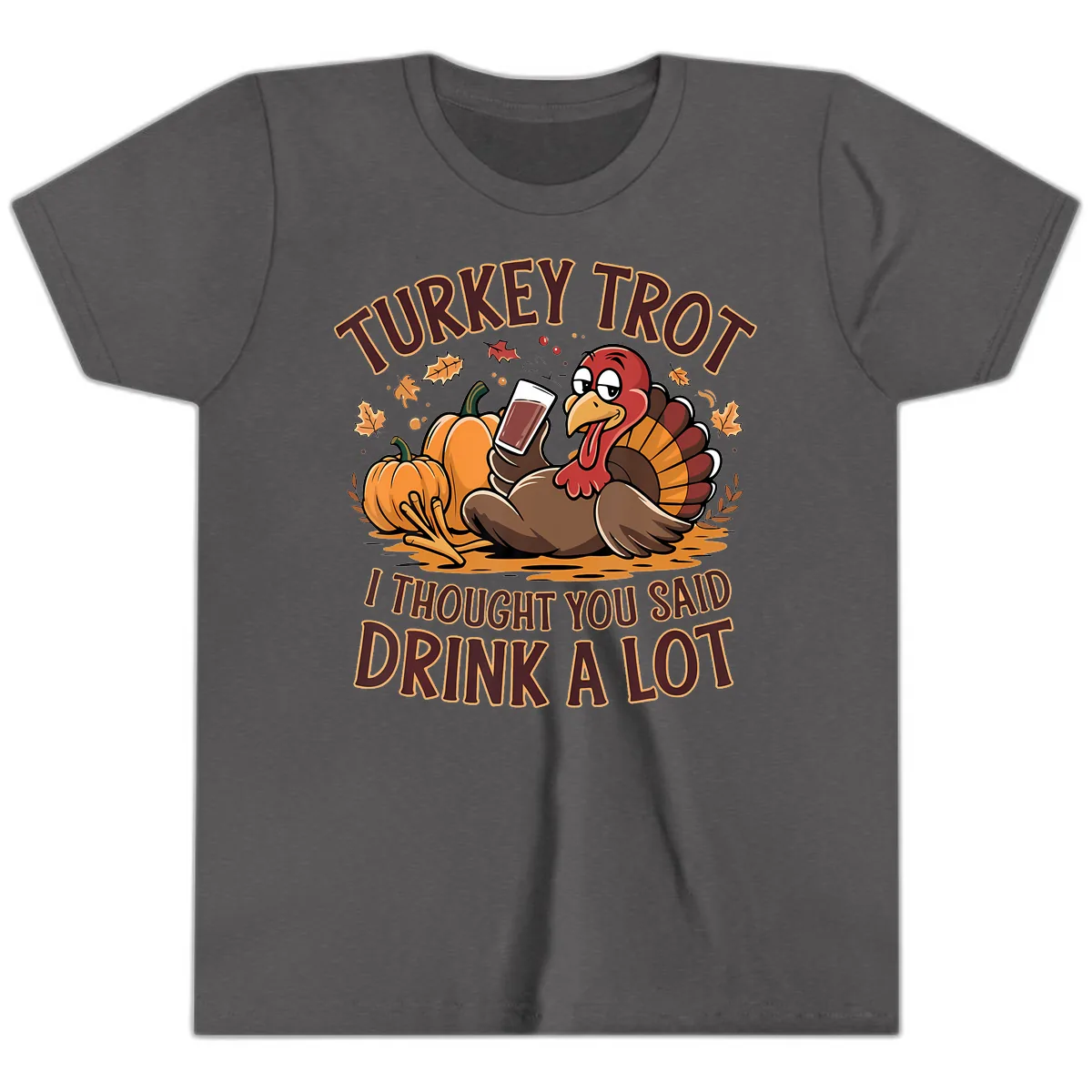 Turkey Trot Drink A Lot Thanksgiving Graphic Youth T-Shirt in Dark Heather Grey