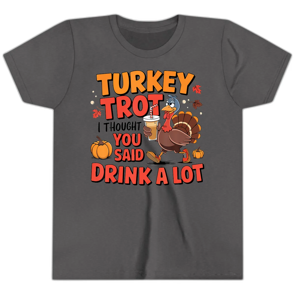 Turkey Trot Drink A Lot Design Youth T-Shirt in Dark Heather Grey