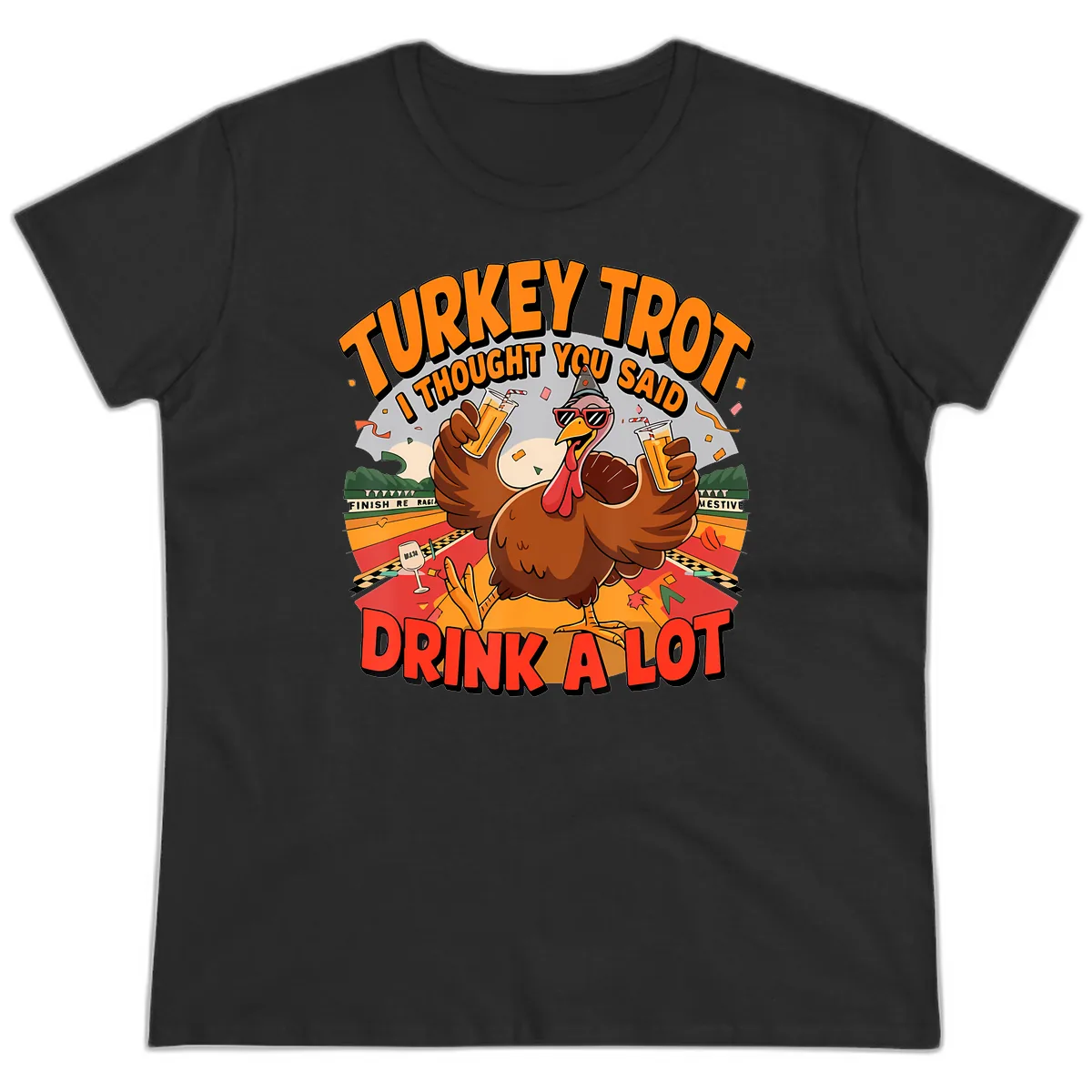 Turkey Trot Drink A Lot Design Ladies Tee in Black