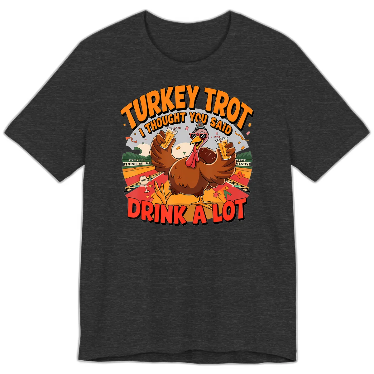 Turkey Trot Drink A Lot Design Premium T-Shirt in Dark Grey Heather