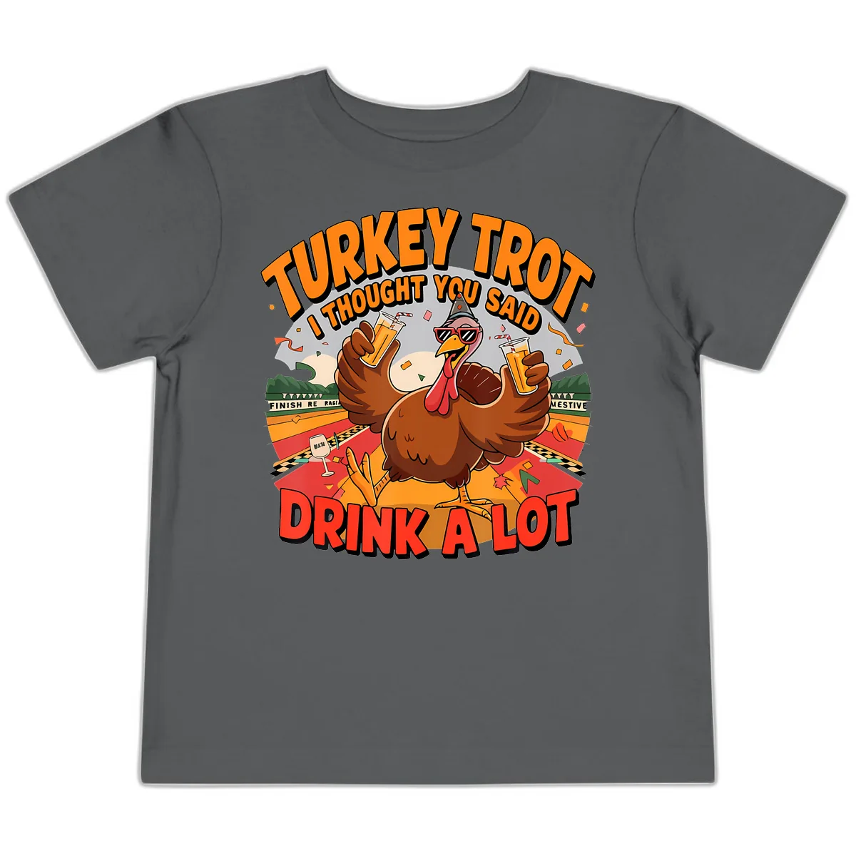 Turkey Trot Drink A Lot Design Toddler T-Shirt in Asphalt
