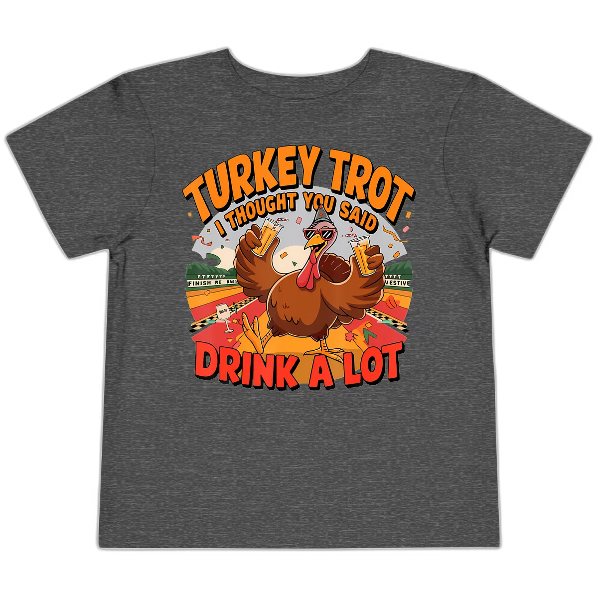 Turkey Trot Drink A Lot Design Toddler T-Shirt in Dark Heather Grey