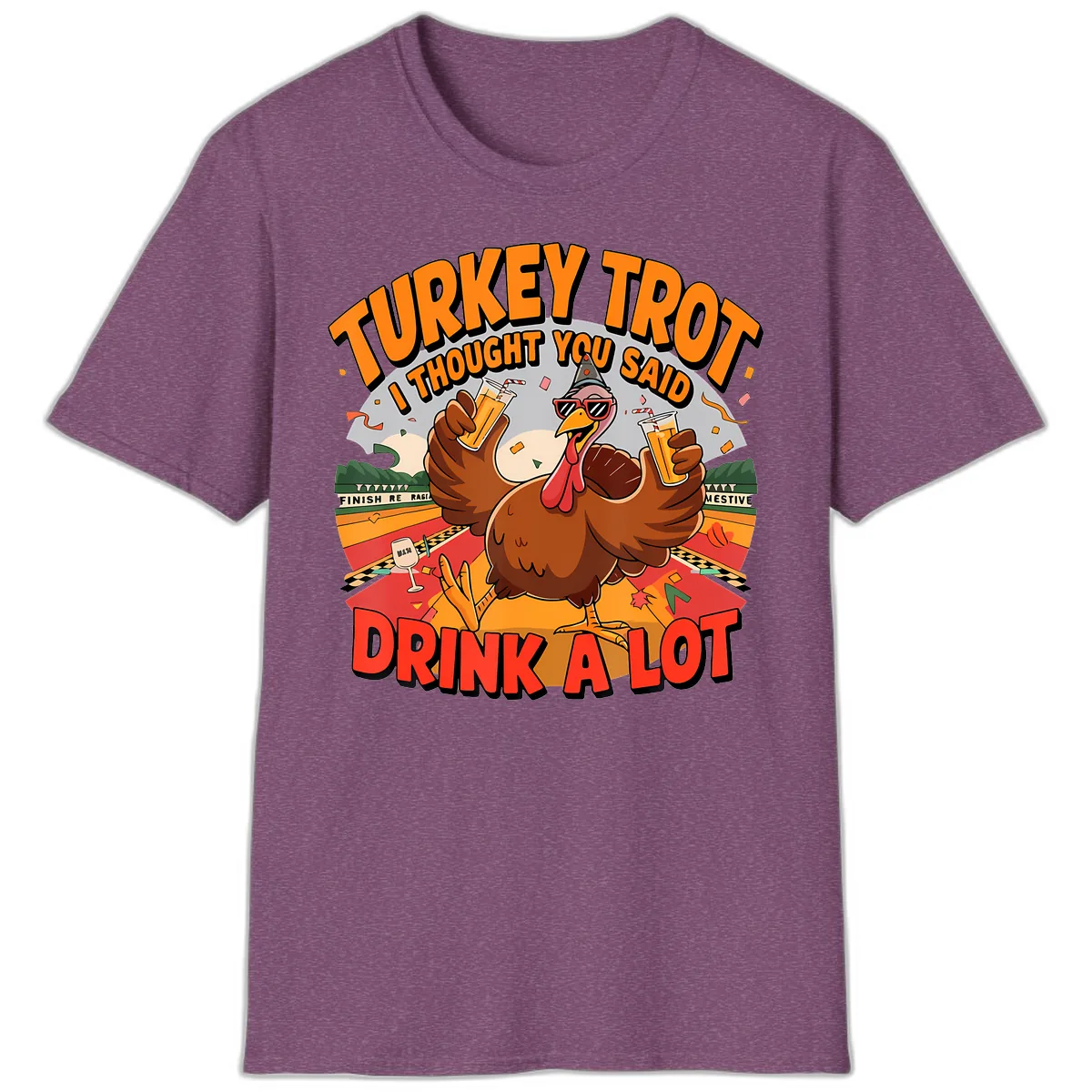 Turkey Trot Drink A Lot Design T-Shirt in Heather Maroon
