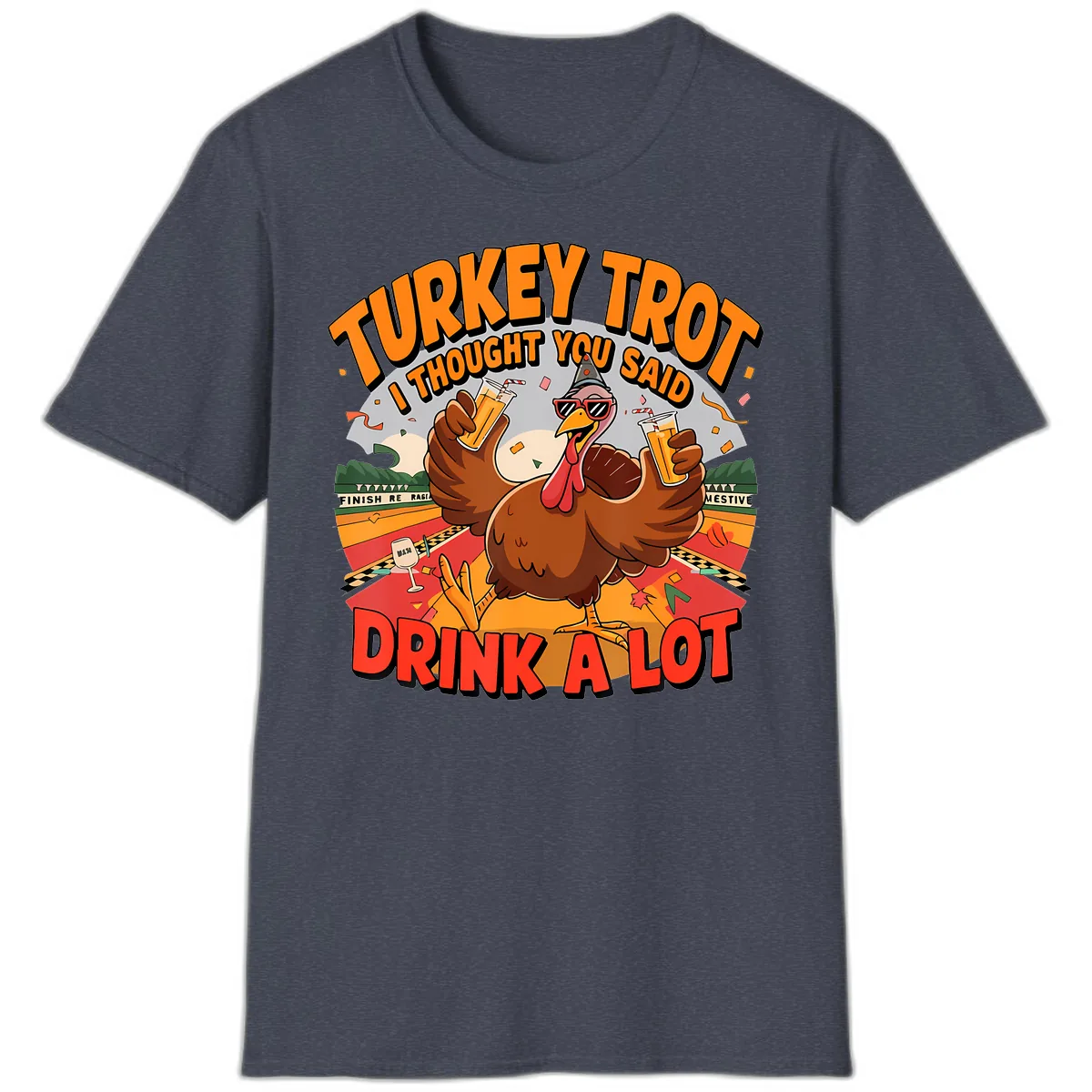 Turkey Trot Drink A Lot Design T-Shirt in Heather Navy