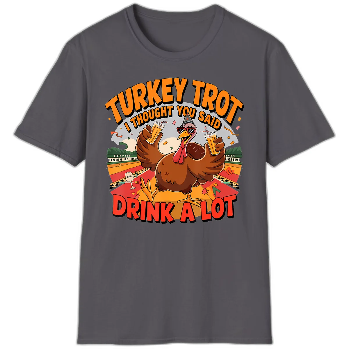 Turkey Trot Drink A Lot Design T-Shirt in Charcoal