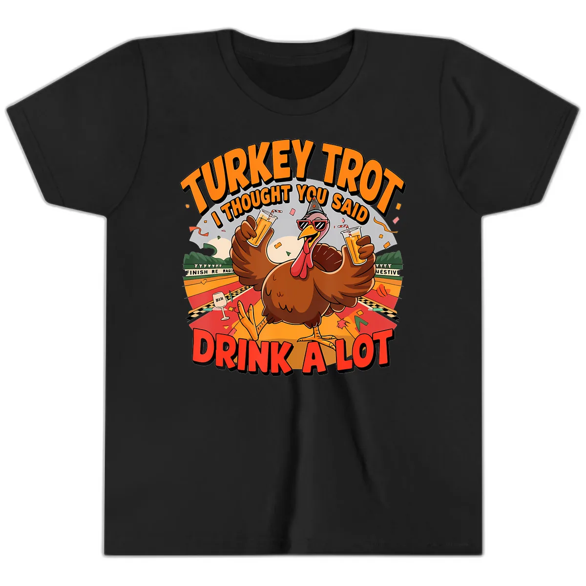 Turkey Trot Drink A Lot Design Youth T-Shirt in Black