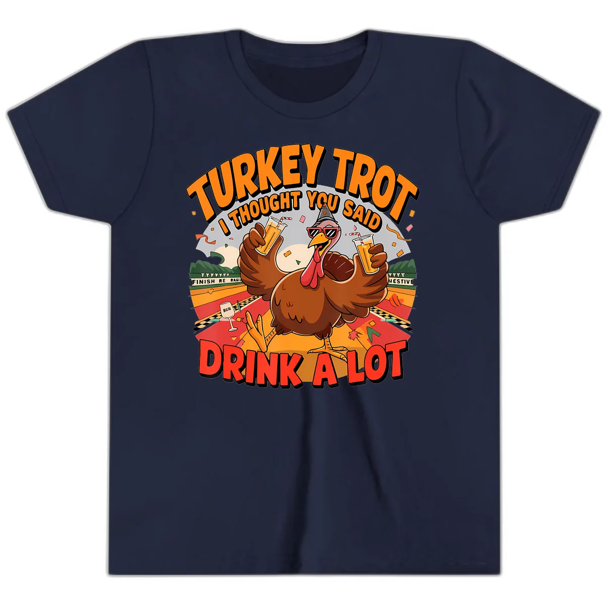 Turkey Trot Drink A Lot Design Youth T-Shirt in Navy