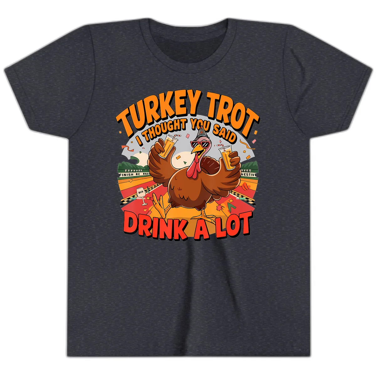 Turkey Trot Drink A Lot Design Youth T-Shirt in Heather Navy