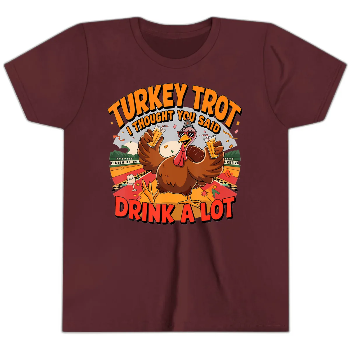 Turkey Trot Drink A Lot Design Youth T-Shirt in Maroon