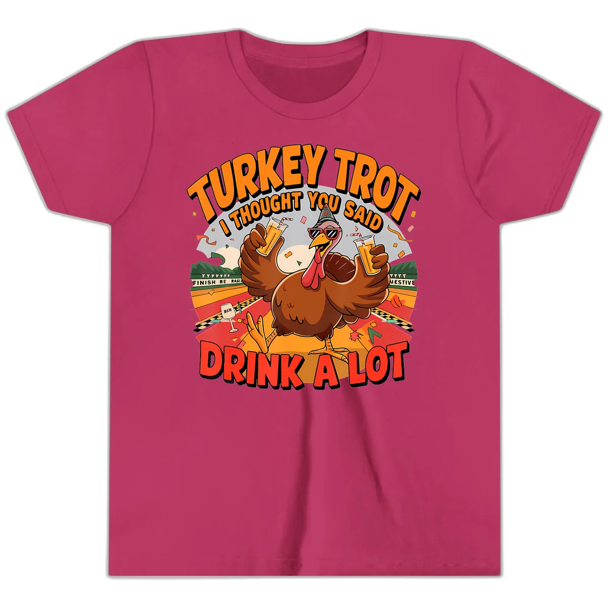 Turkey Trot Drink A Lot Design Youth T-Shirt in Berry