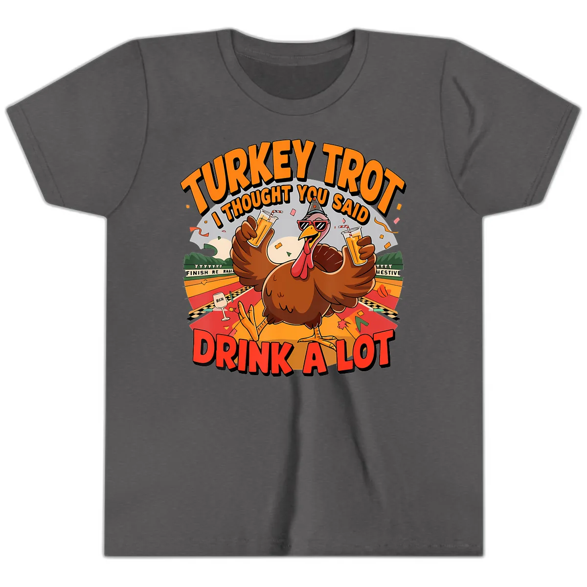 Turkey Trot Drink A Lot Design Youth T-Shirt in Dark Heather Grey