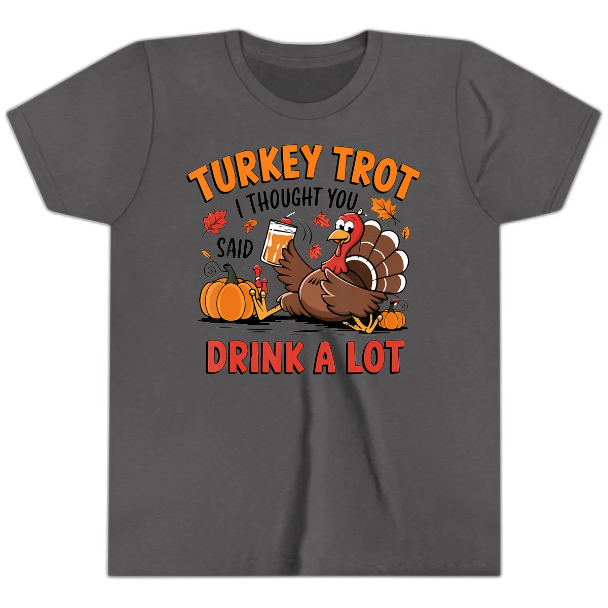 Turkey Trot Drink A Lot Design Youth T-Shirt in Dark Heather Grey