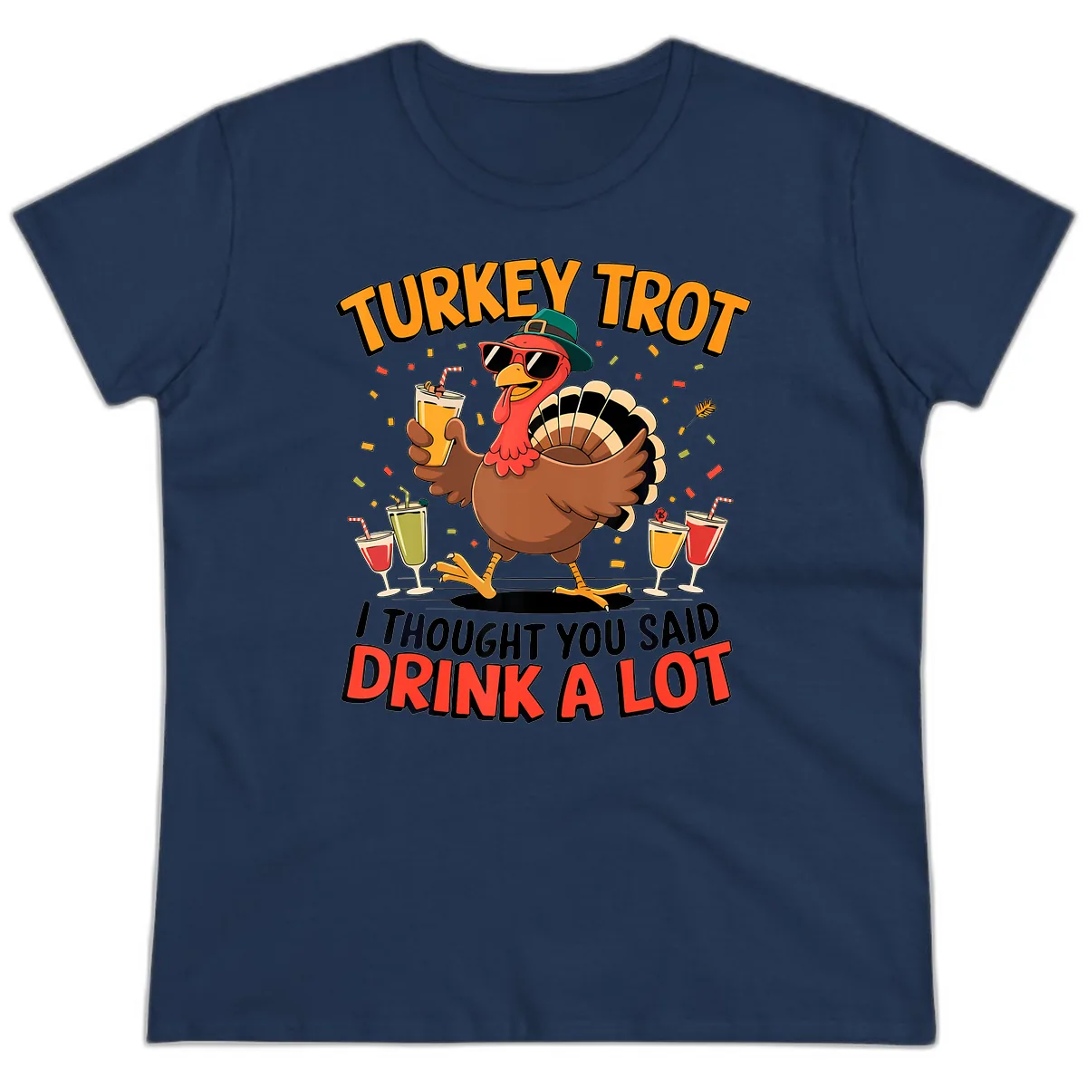 Turkey Trot Drink A Lot Design Ladies Tee in Navy