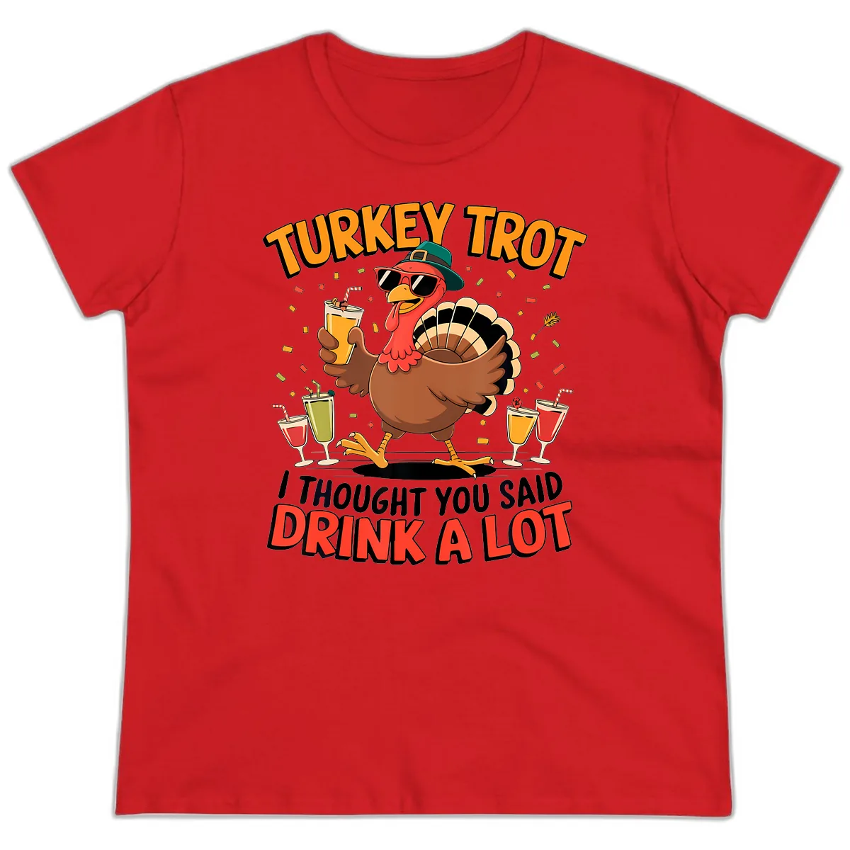 Turkey Trot Drink A Lot Design Ladies Tee in Red