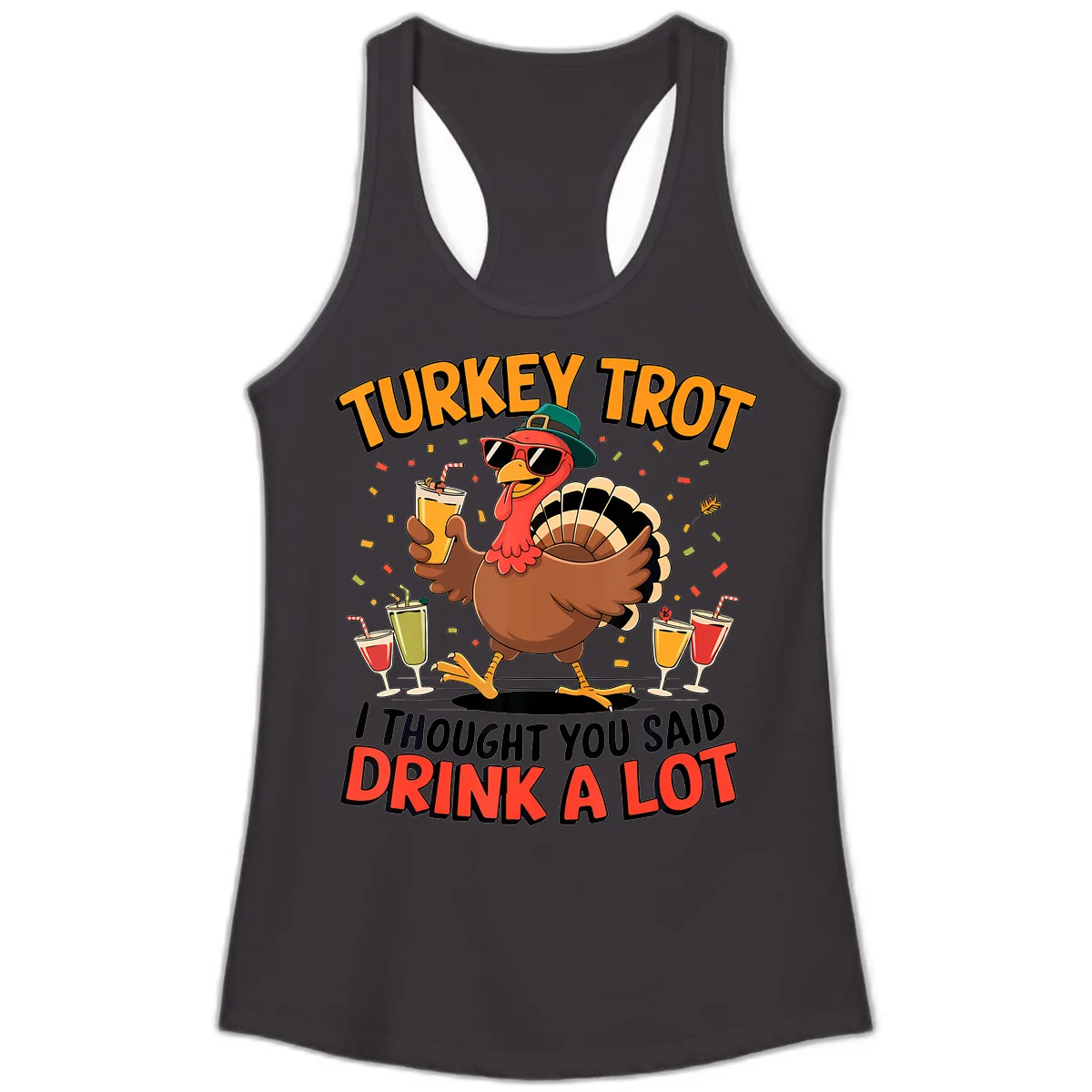 Turkey Trot Drink A Lot Design Ladies Tank in Black