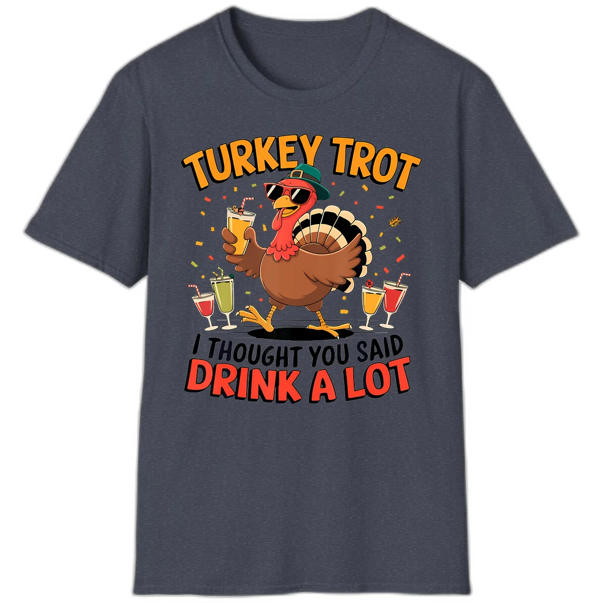 Turkey Trot Drink A Lot Design T-Shirt in Heather Navy