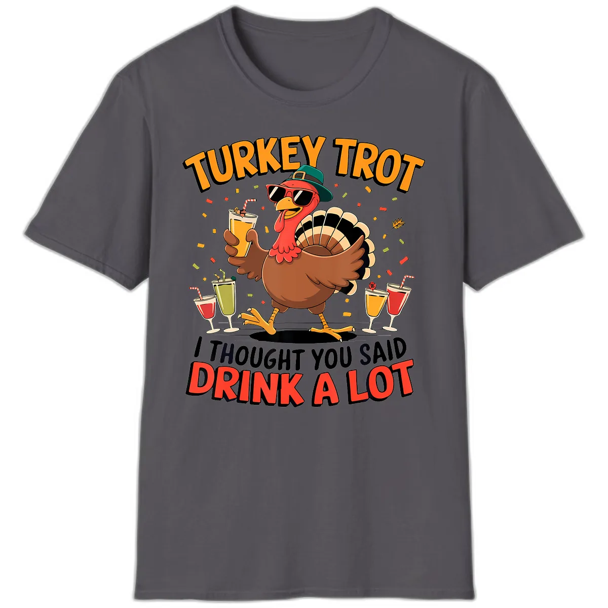 Turkey Trot Drink A Lot Design T-Shirt in Charcoal