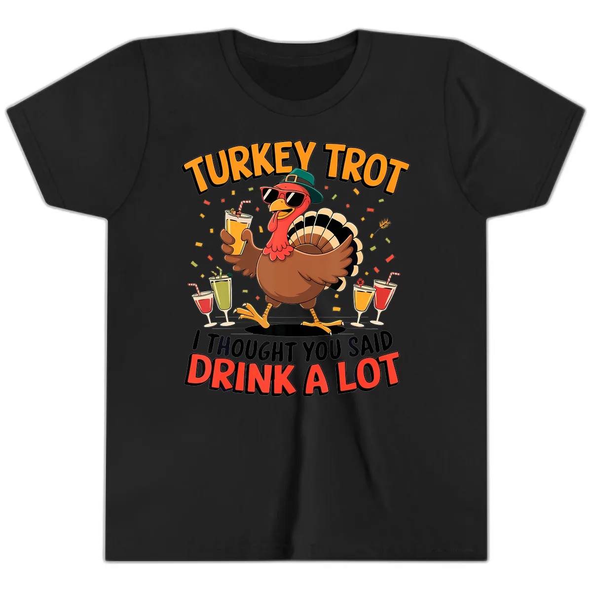Turkey Trot Drink A Lot Design Youth T-Shirt in Black