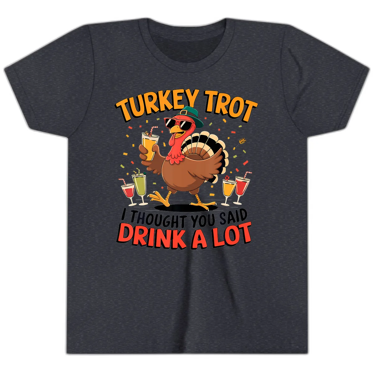 Turkey Trot Drink A Lot Design Youth T-Shirt in Heather Navy