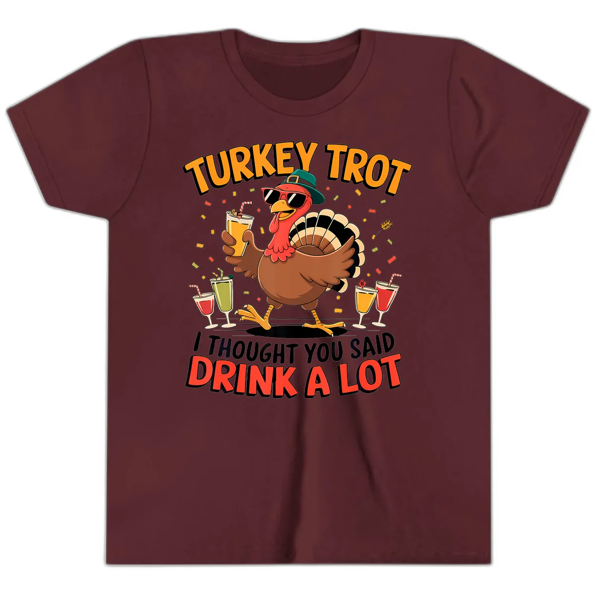Turkey Trot Drink A Lot Design Youth T-Shirt in Maroon