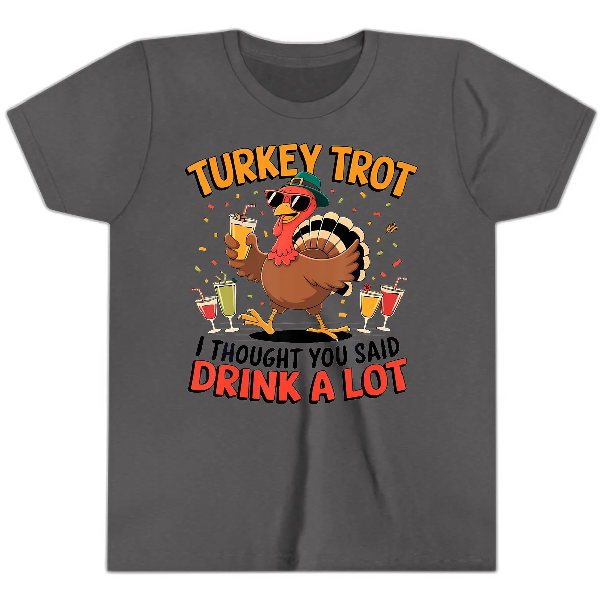 Turkey Trot Drink A Lot Design Youth T-Shirt in Dark Heather Grey