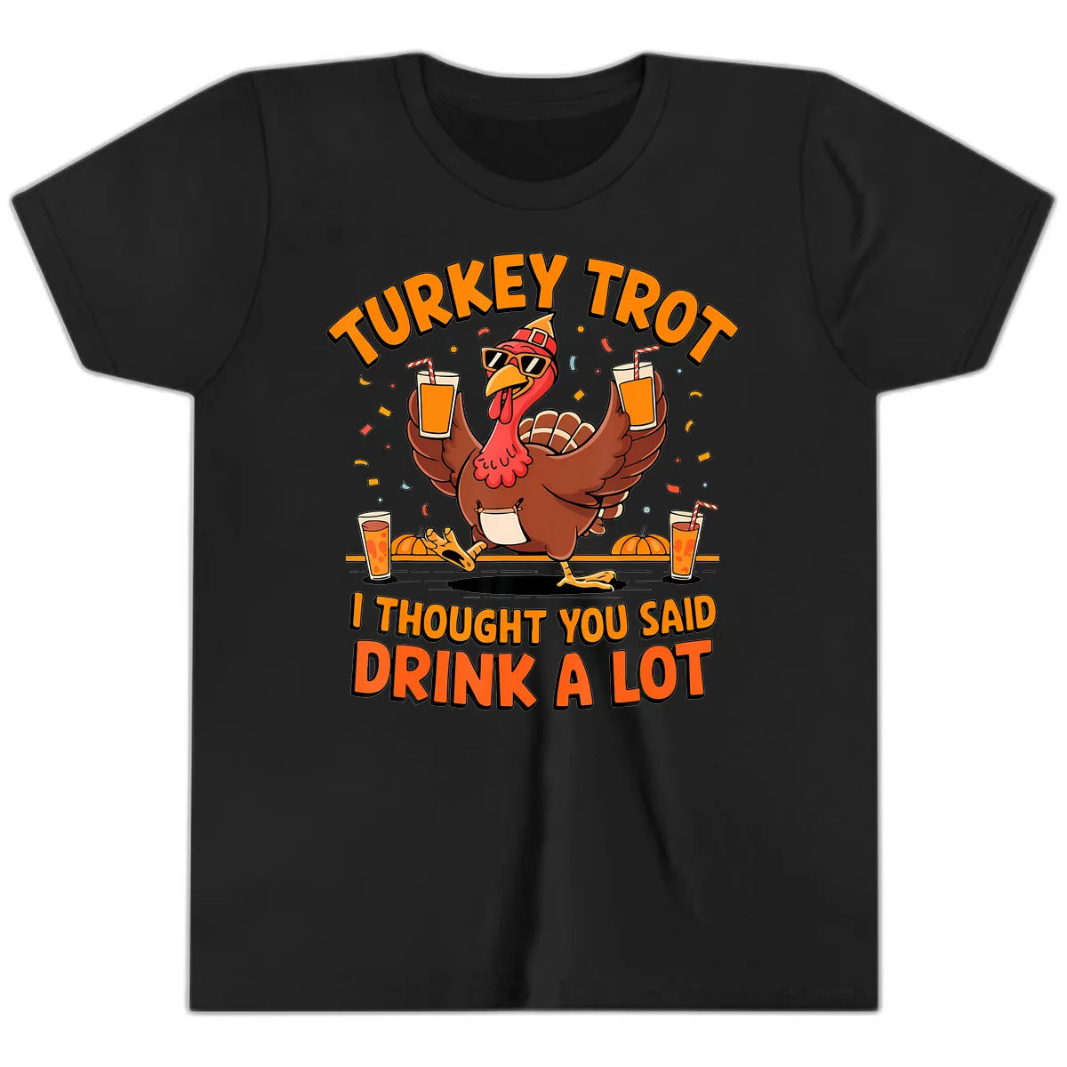 Turkey Trot Drink A Lot Fun Turkey Youth T-Shirt in Black