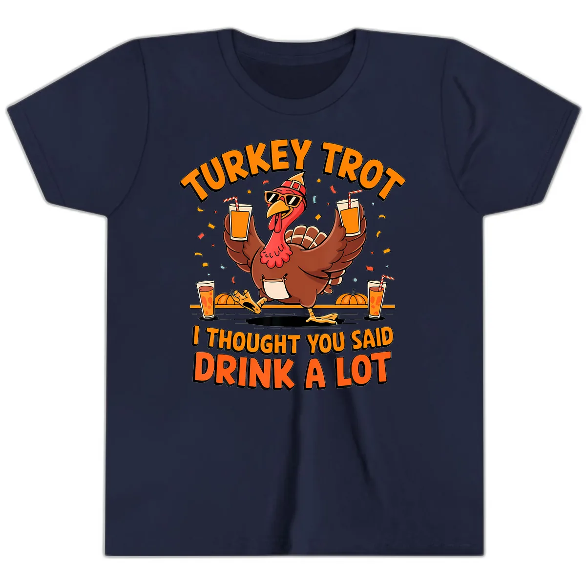 Turkey Trot Drink A Lot Fun Turkey Youth T-Shirt in Navy