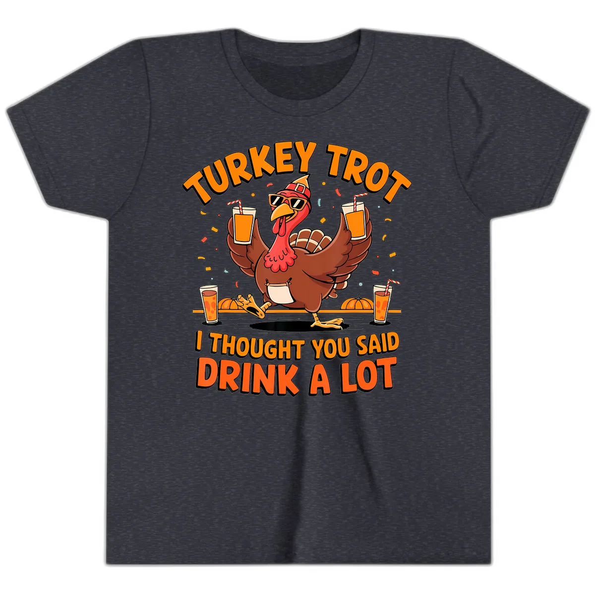 Turkey Trot Drink A Lot Fun Turkey Youth T-Shirt in Heather Navy