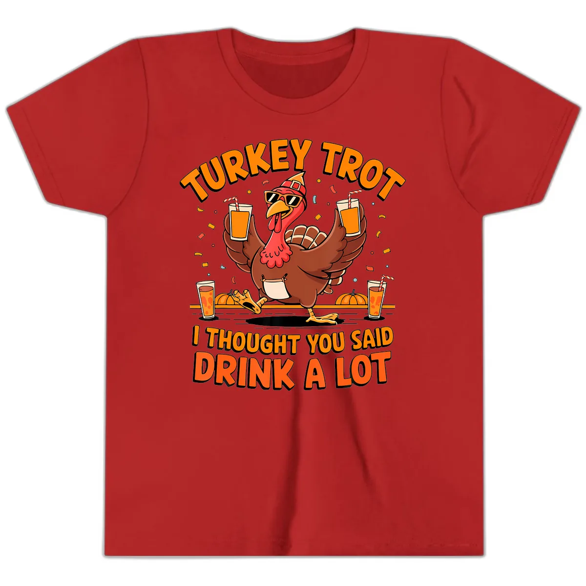 Turkey Trot Drink A Lot Fun Turkey Youth T-Shirt in Red