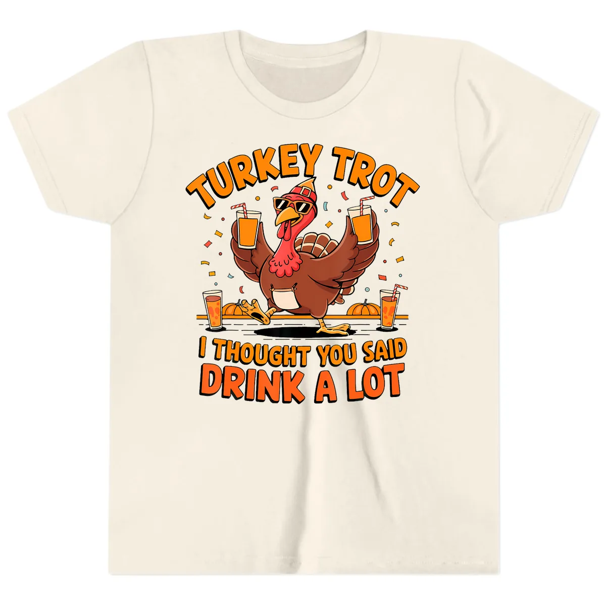 Turkey Trot Drink A Lot Fun Turkey Youth T-Shirt in Natural