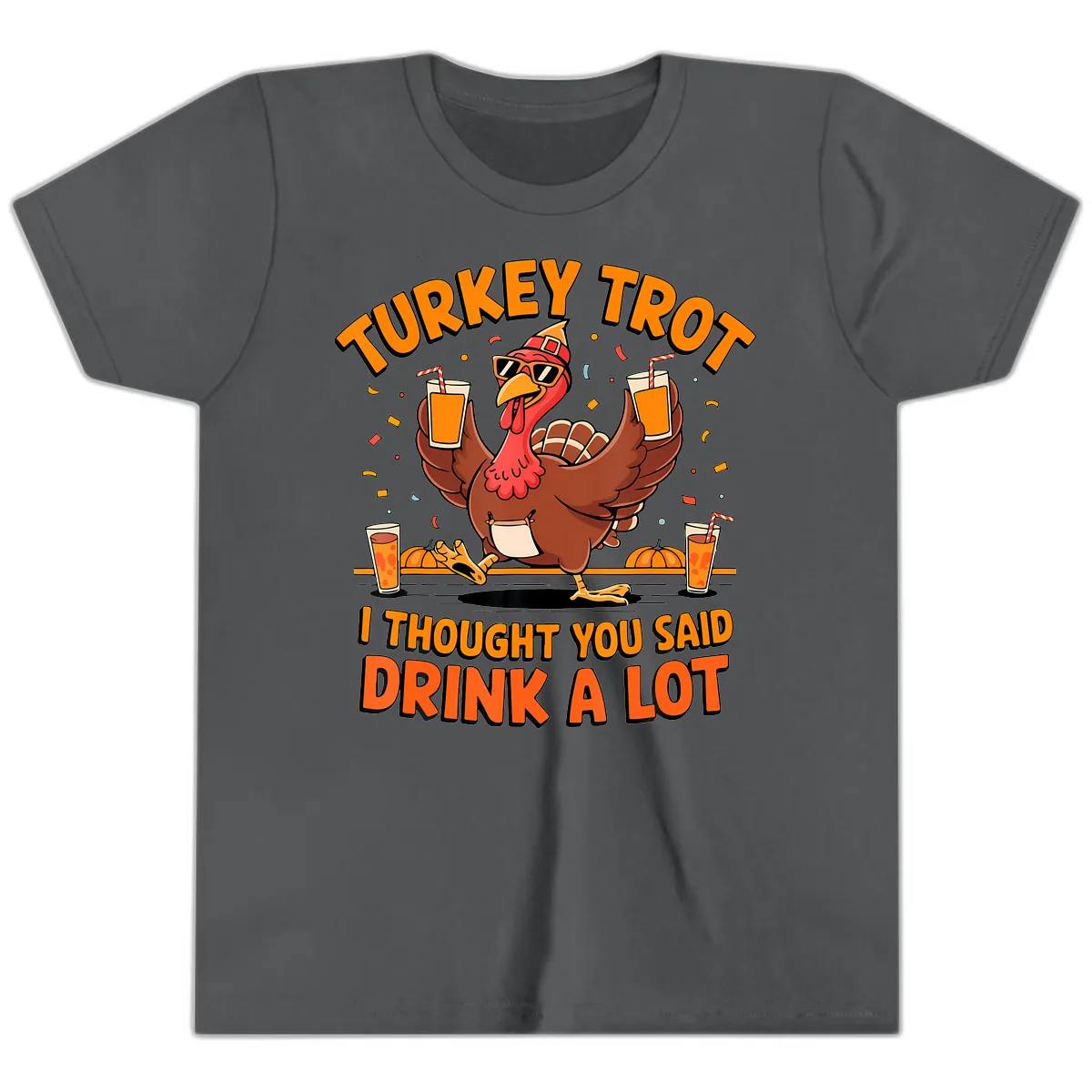 Turkey Trot Drink A Lot Fun Turkey Youth T-Shirt in Asphalt