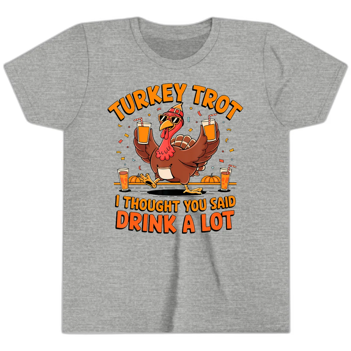Turkey Trot Drink A Lot Fun Turkey Youth T-Shirt in Athletic Heather