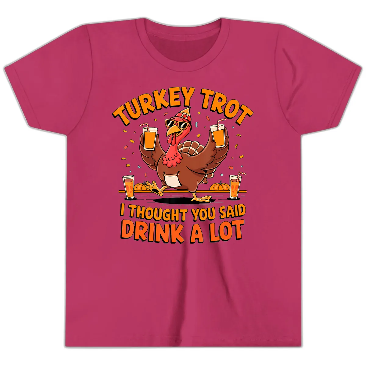 Turkey Trot Drink A Lot Fun Turkey Youth T-Shirt in Berry