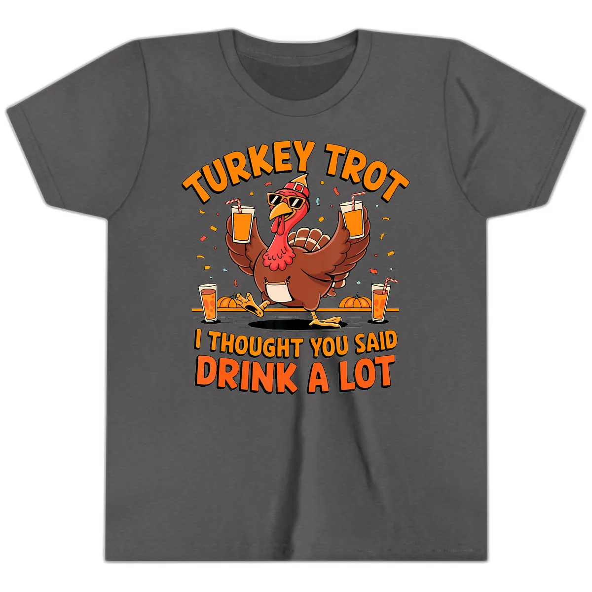 Turkey Trot Drink A Lot Fun Turkey Youth T-Shirt in Dark Heather Grey