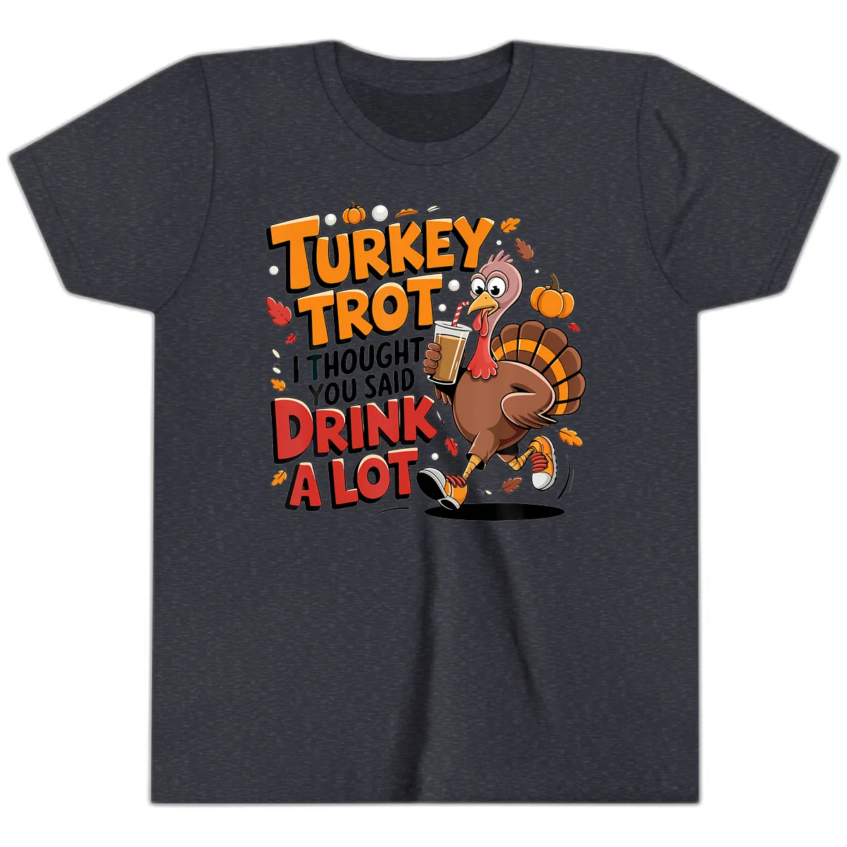 Turkey Trot Drink A Lot Funny Design Youth T-Shirt in Heather Navy