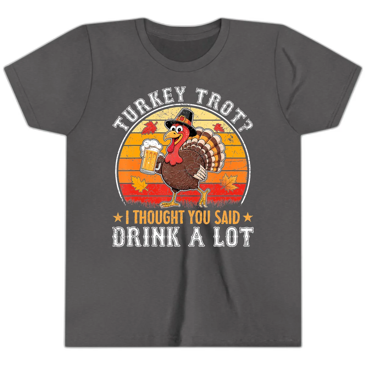 Turkey Trot Drink A Lot Design Youth T-Shirt in Dark Heather Grey