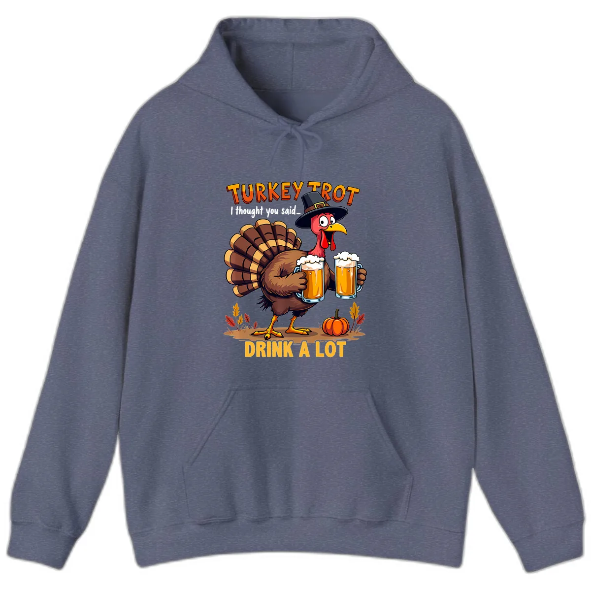 Turkey Trot Beer Drink A Lot Hoodie in Heather Navy