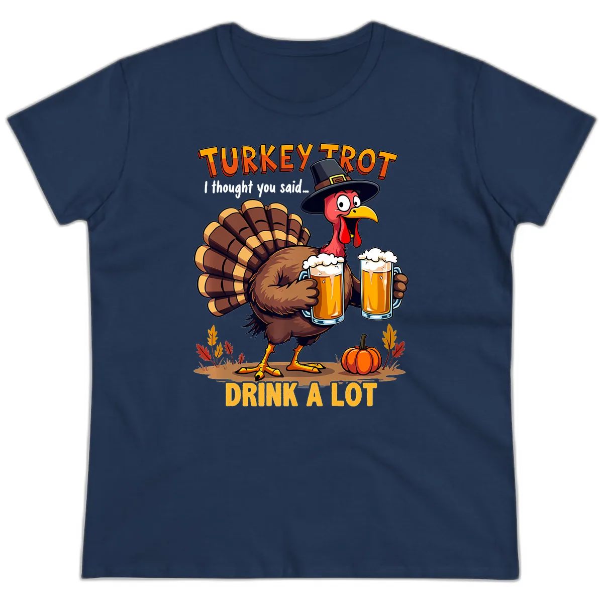 Turkey Trot Beer Drink A Lot Ladies Tee in Navy