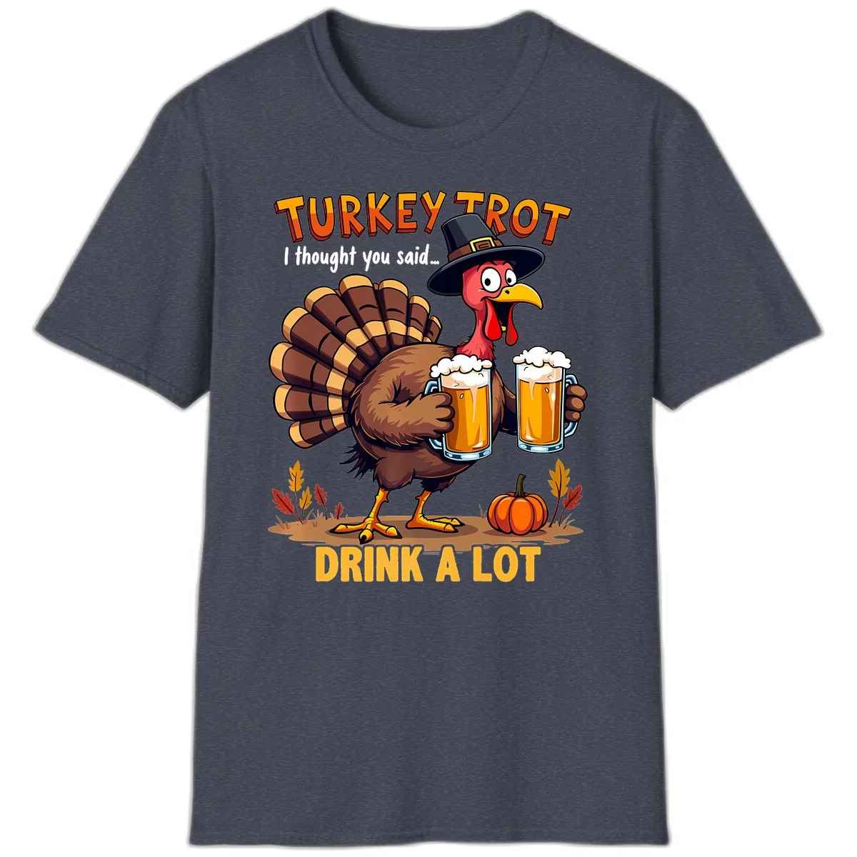 Turkey Trot Beer Drink A Lot T-Shirt in Heather Navy