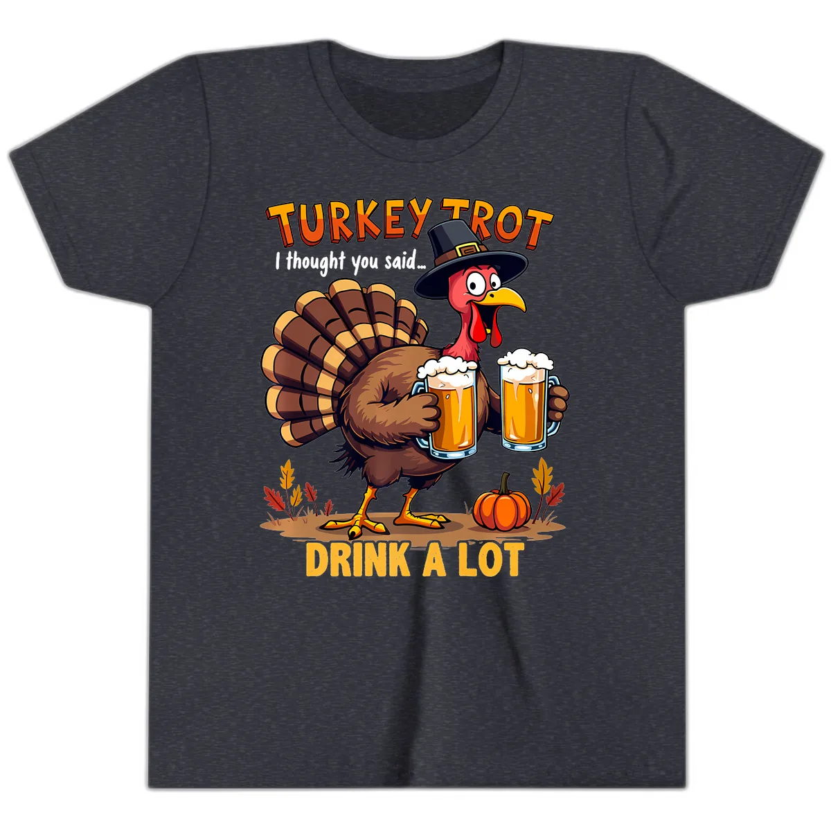 Turkey Trot Beer Drink A Lot Youth T-Shirt in Heather Navy