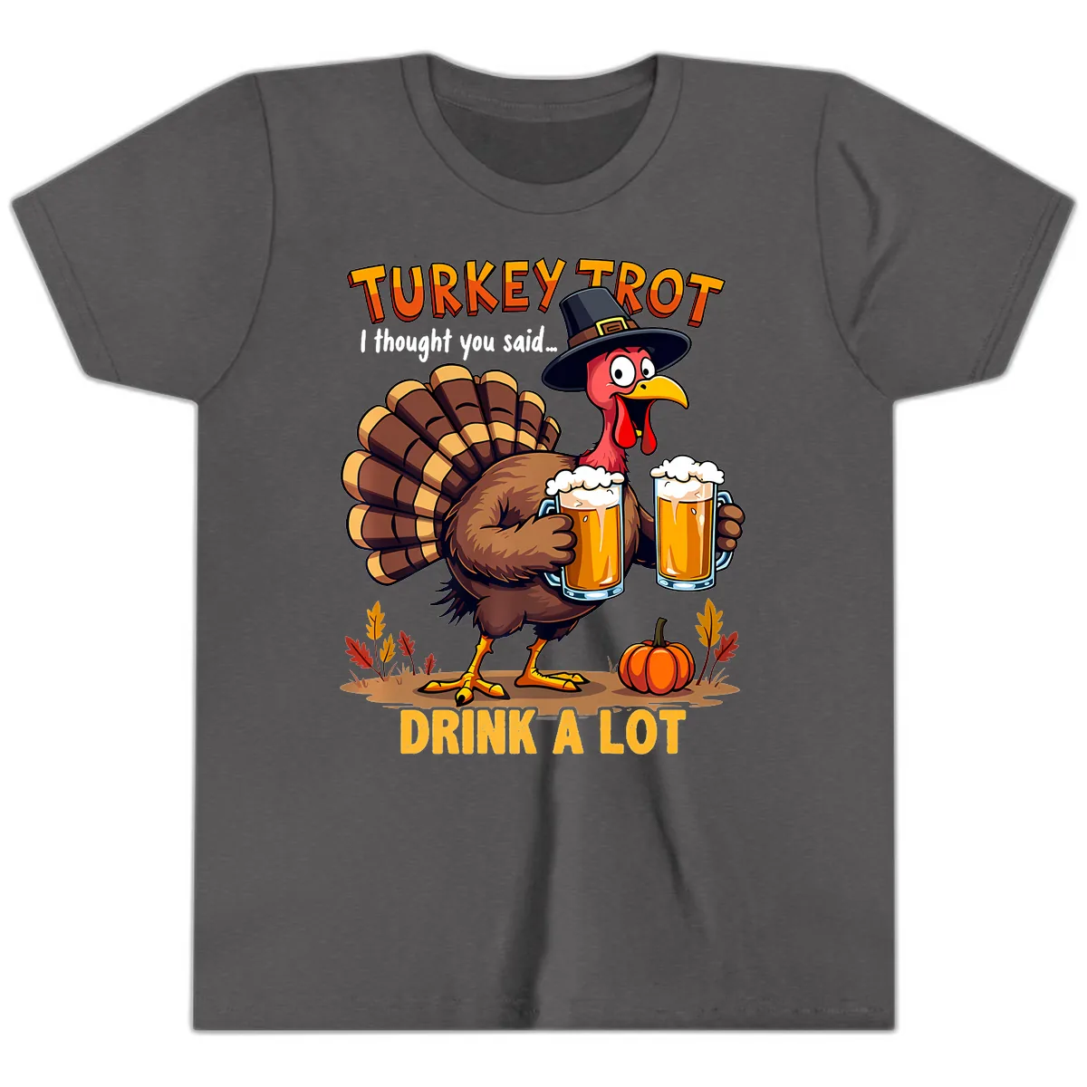 Turkey Trot Beer Drink A Lot Youth T-Shirt in Dark Heather Grey