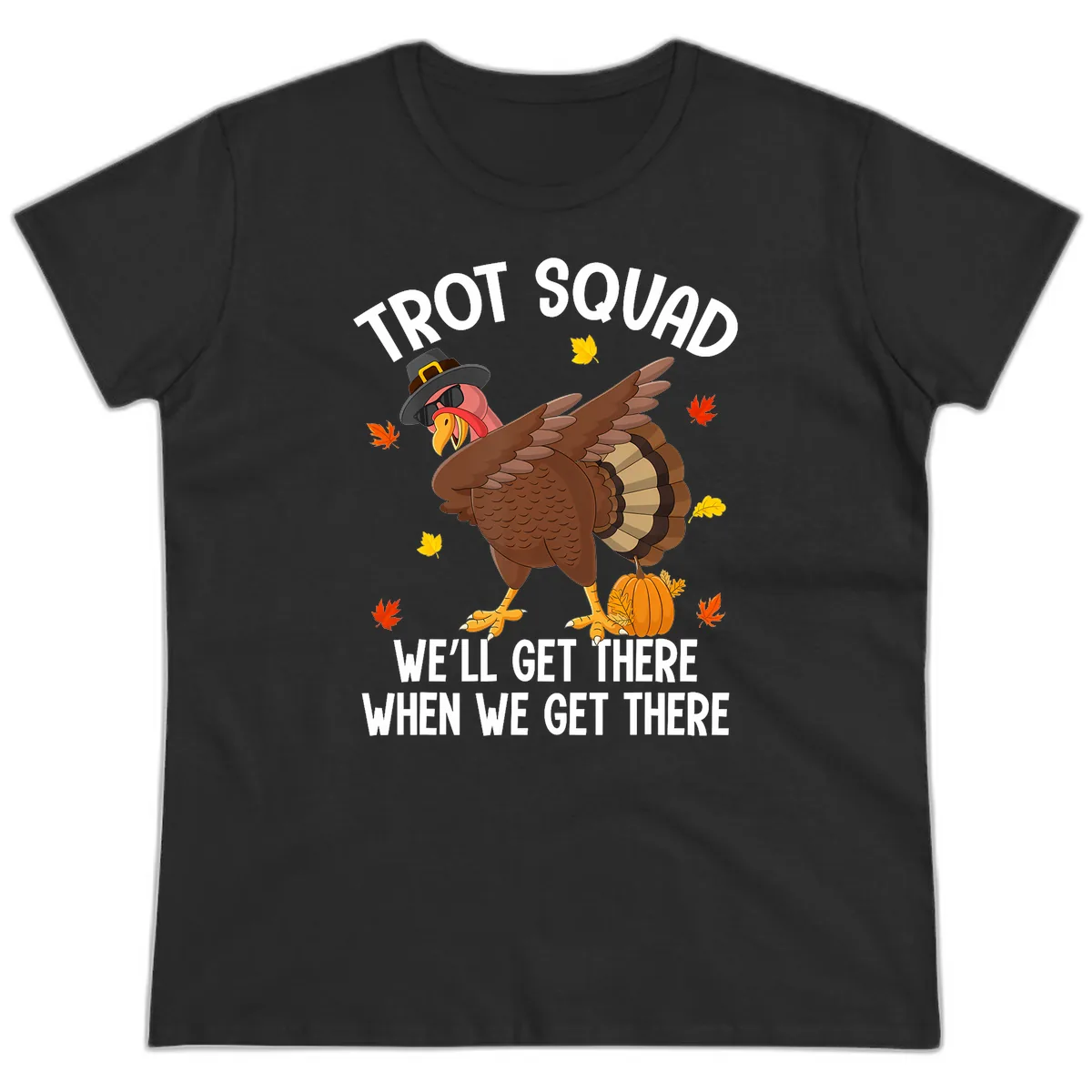 Turkey Trot Squad Thanksgiving Run Ladies Tee in Black