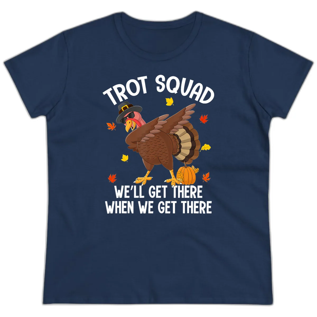 Turkey Trot Squad Thanksgiving Run Ladies Tee in Navy