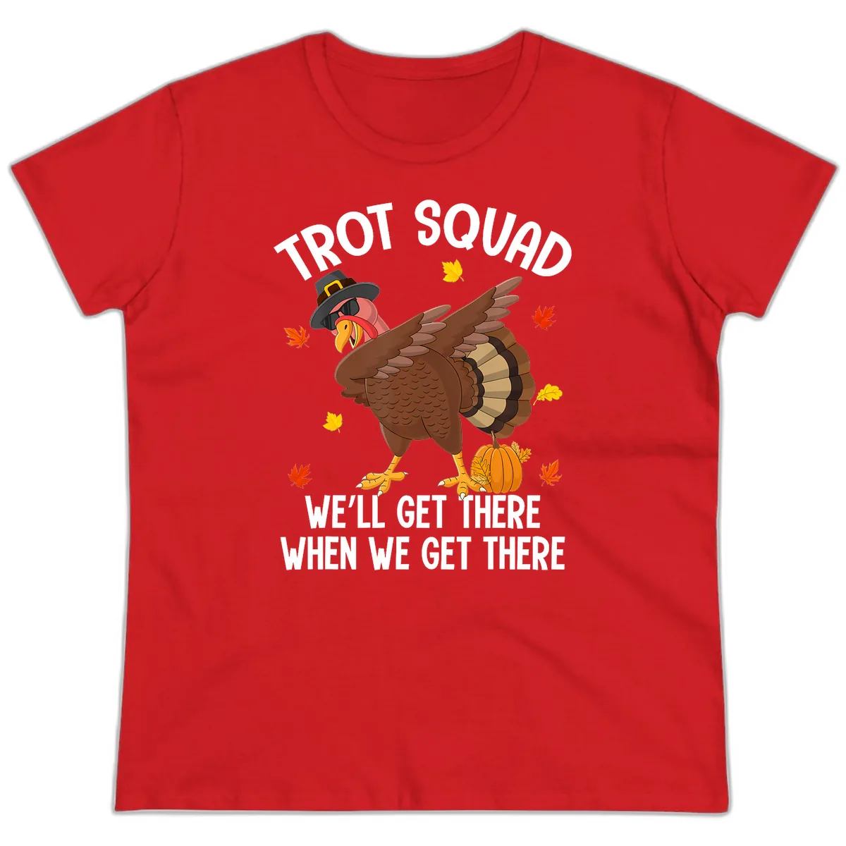 Turkey Trot Squad Thanksgiving Run Ladies Tee in Red