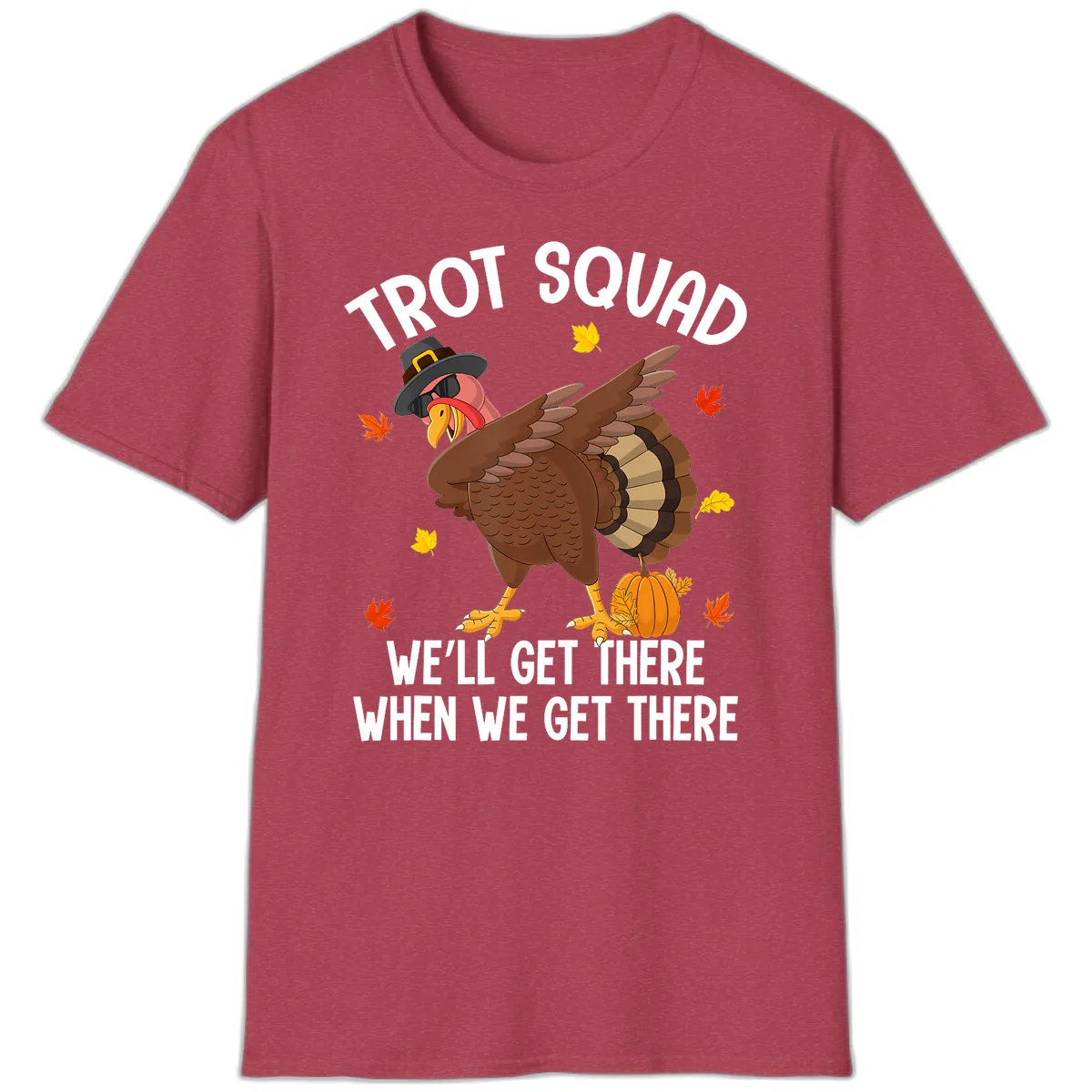 Turkey Trot Squad Thanksgiving Run T-Shirt in Heather Cardinal