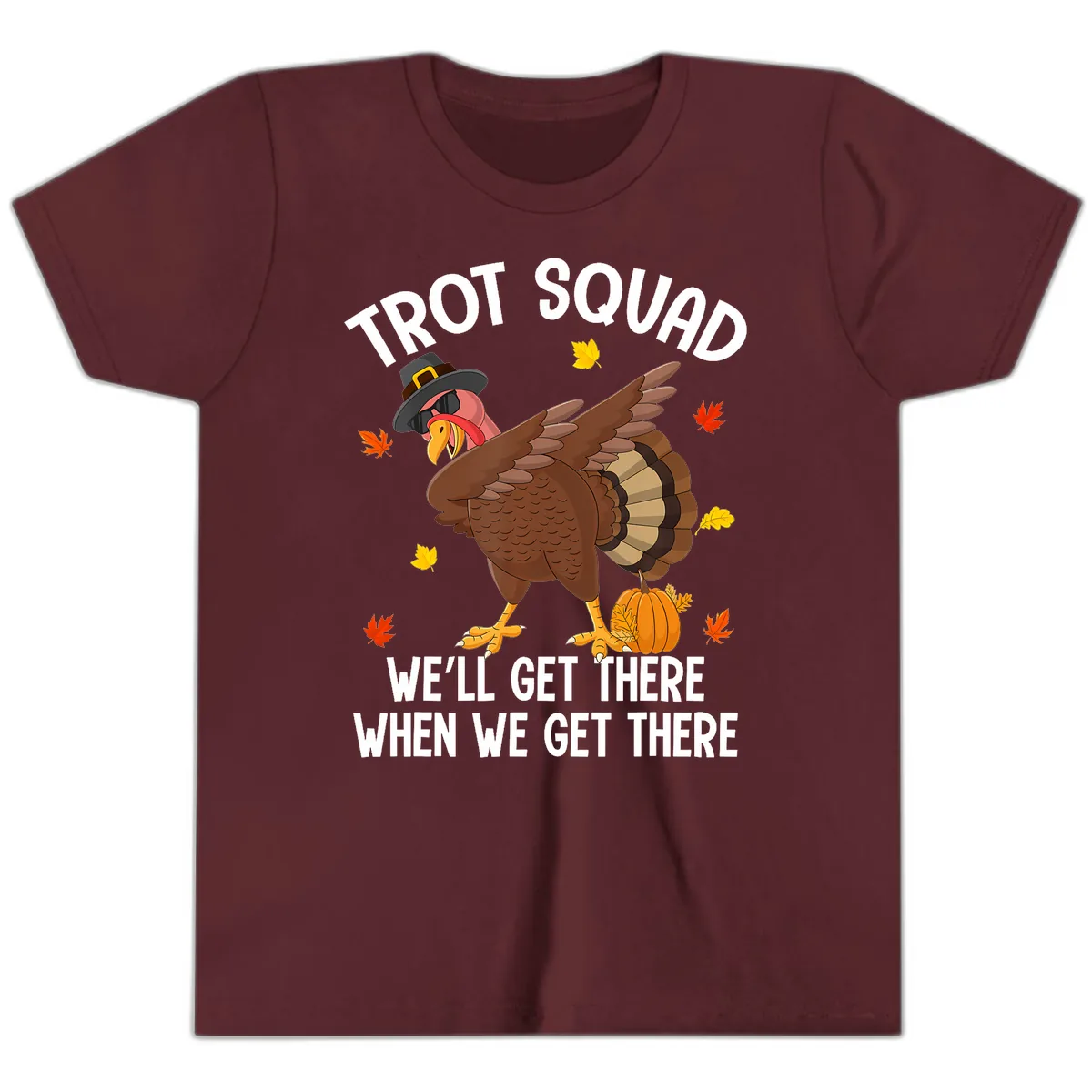 Turkey Trot Squad Thanksgiving Run Youth T-Shirt in Maroon