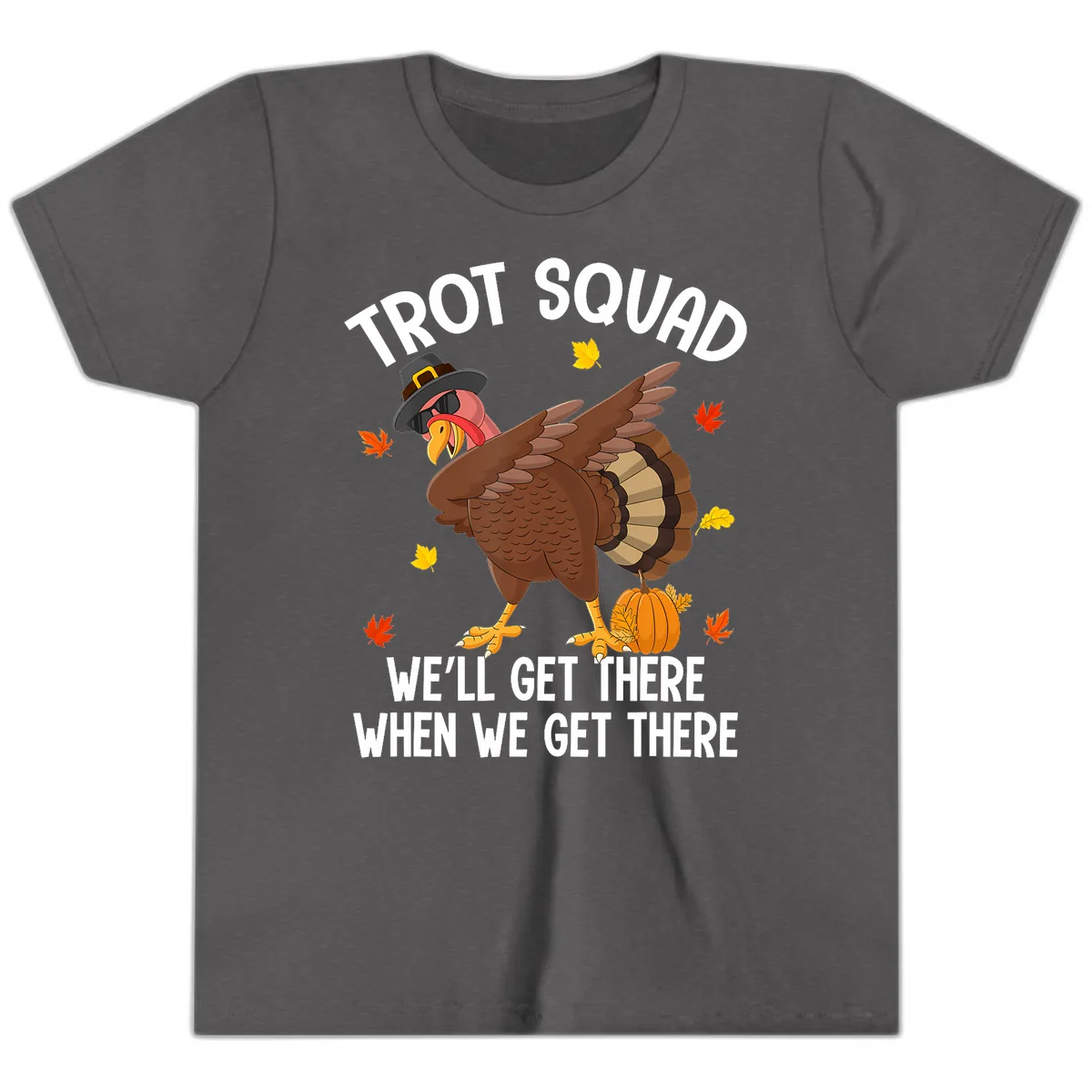Turkey Trot Squad Thanksgiving Run Youth T-Shirt in Dark Heather Grey