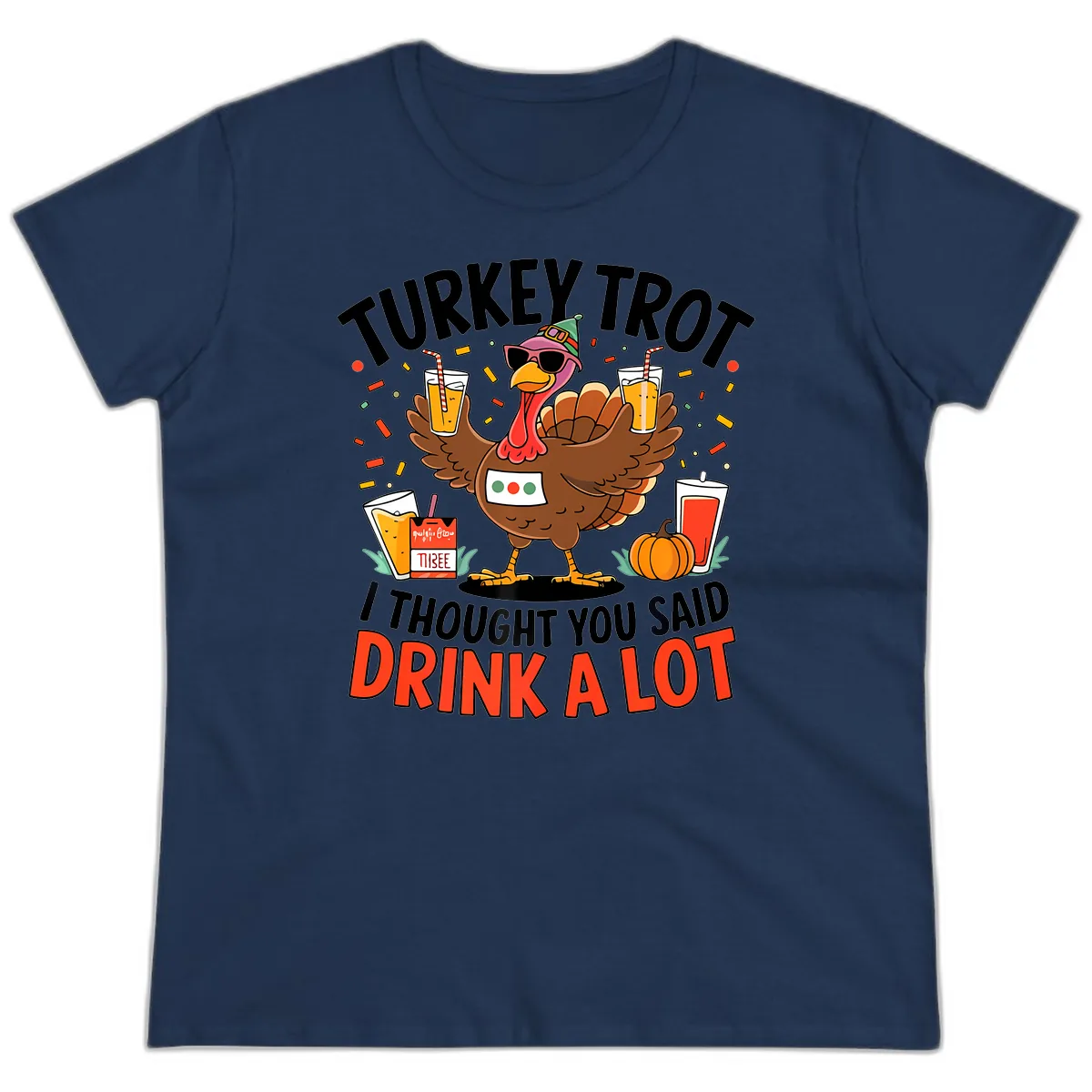 Turkey Trot Drink A Lot Design Ladies Tee in Navy