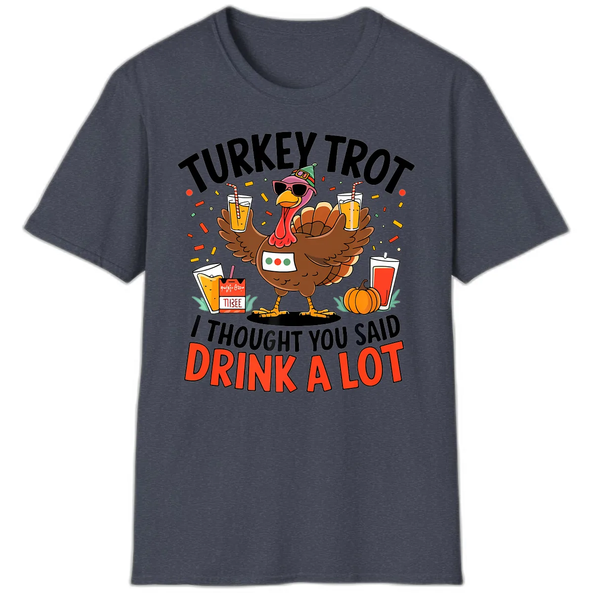 Turkey Trot Drink A Lot Design T-Shirt in Heather Navy